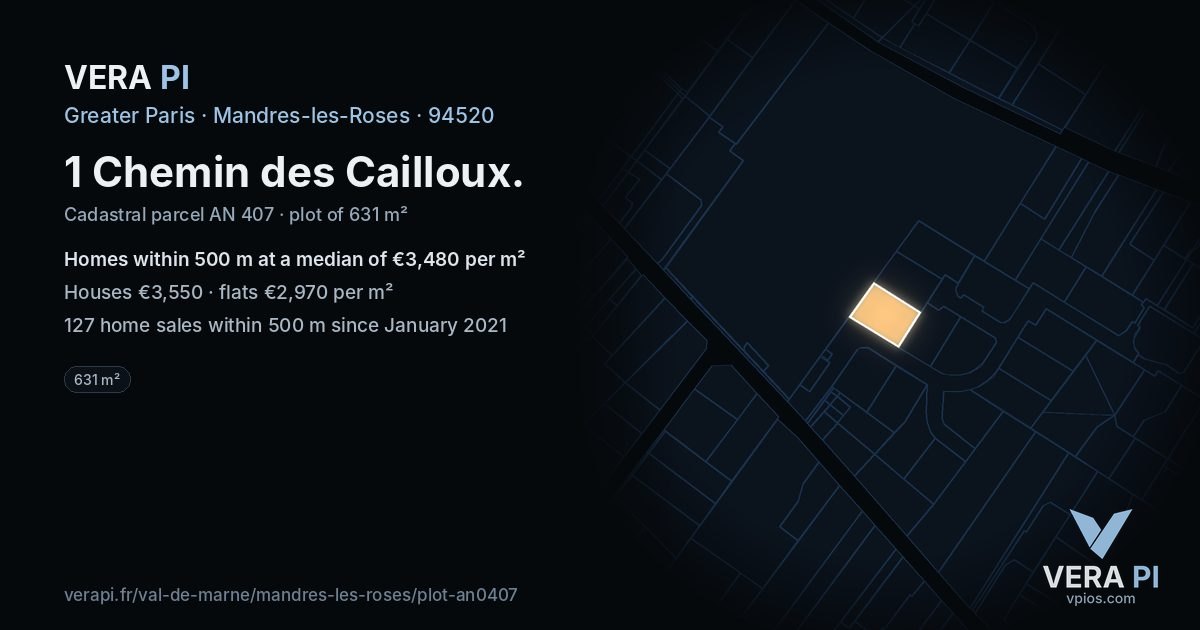 1 Chemin des Cailloux, Mandres-les-Roses at night – the plot lit, the parcels around coloured by the prices near them