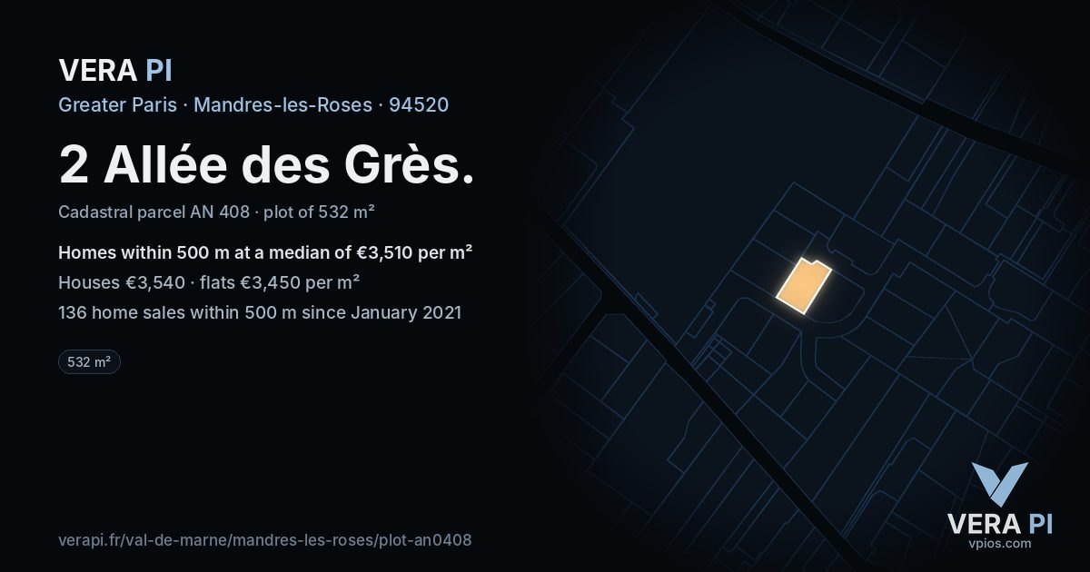 2 Allée des Grès, Mandres-les-Roses at night – the plot lit, the parcels around coloured by the prices near them