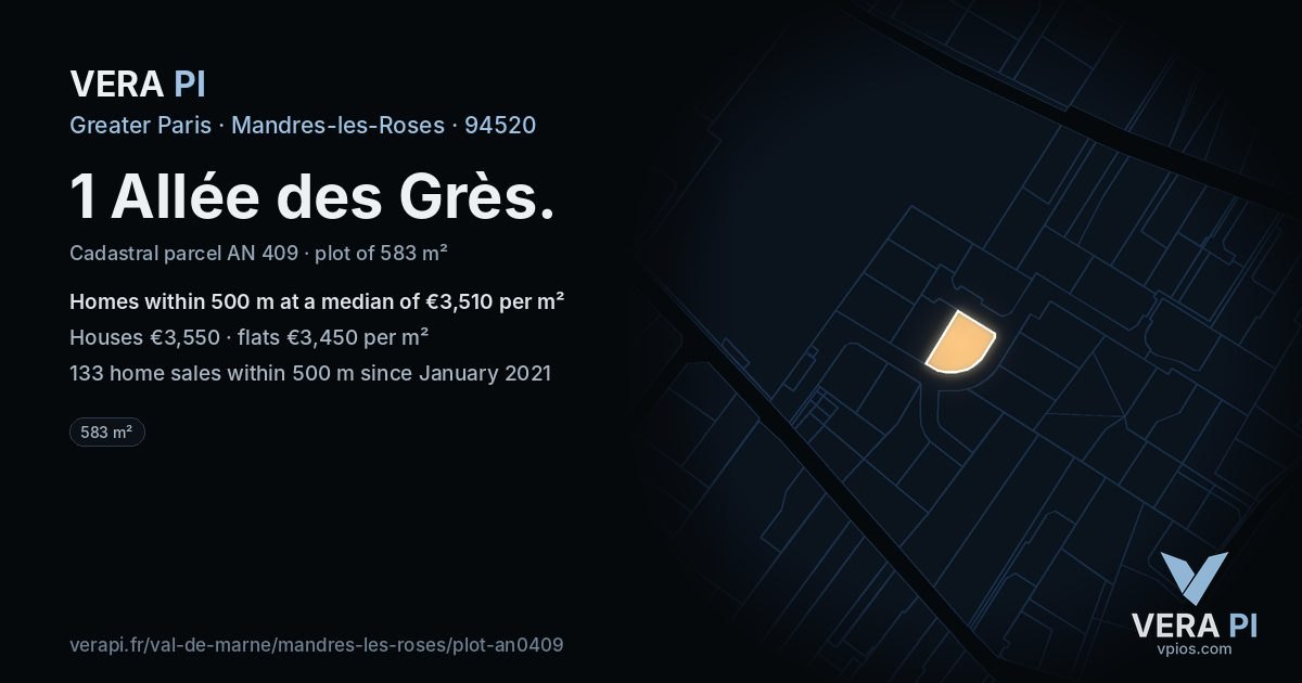 1 Allée des Grès, Mandres-les-Roses at night – the plot lit, the parcels around coloured by the prices near them
