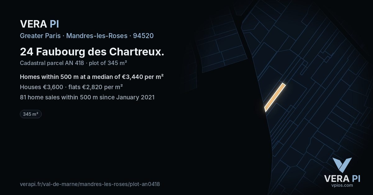 24 Faubourg des Chartreux, Mandres-les-Roses at night – the plot lit, the parcels around coloured by the prices near them