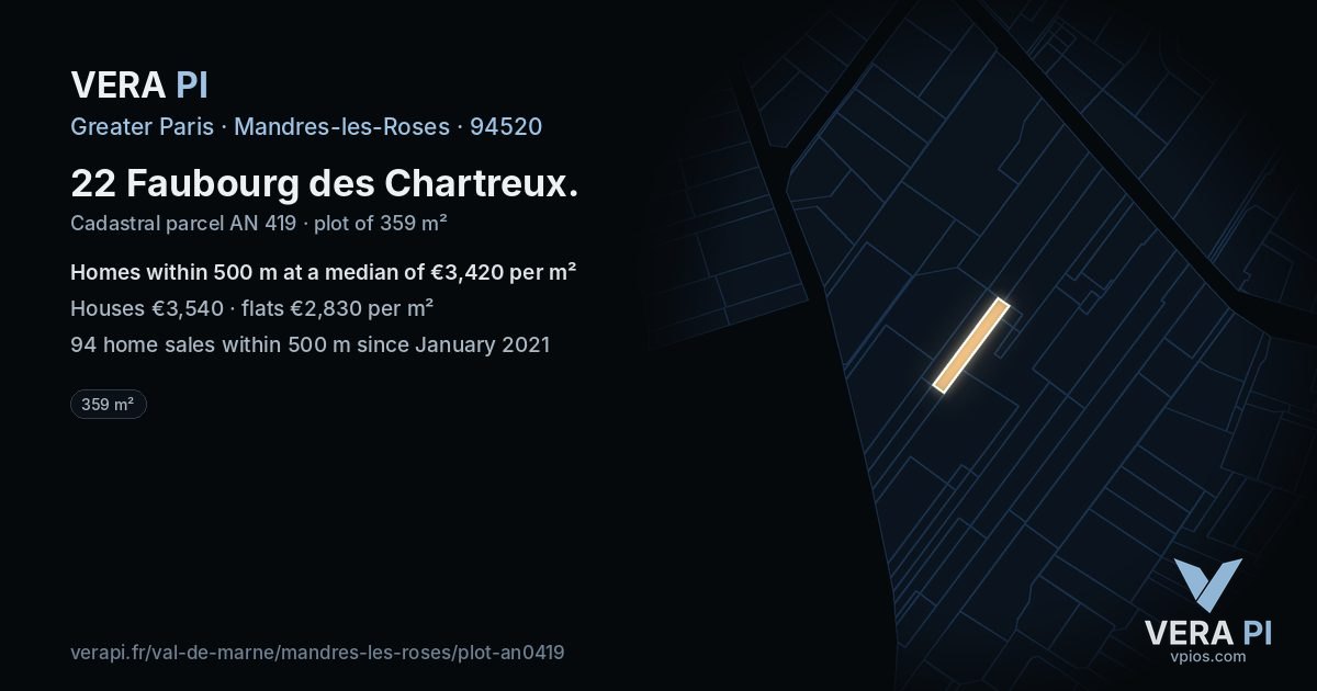22 Faubourg des Chartreux, Mandres-les-Roses at night – the plot lit, the parcels around coloured by the prices near them
