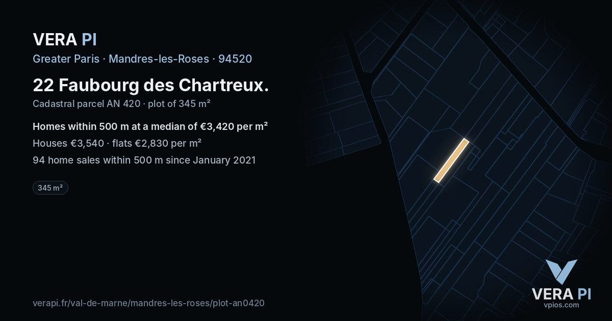 22 Faubourg des Chartreux, Mandres-les-Roses at night – the plot lit, the parcels around coloured by the prices near them