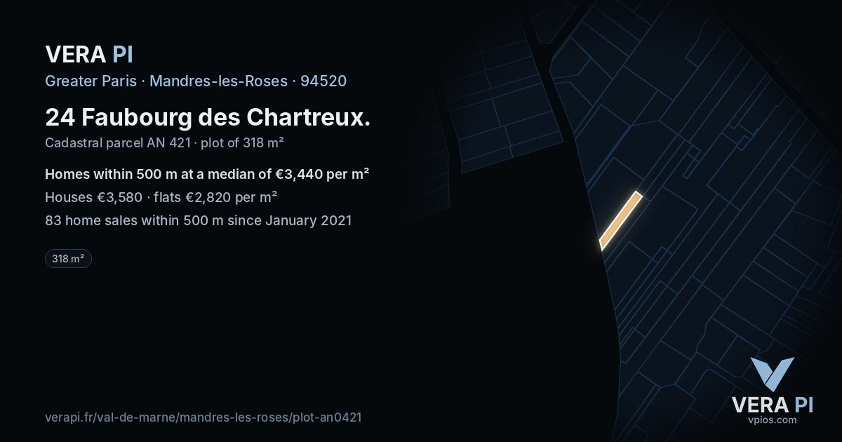 24 Faubourg des Chartreux, Mandres-les-Roses at night – the plot lit, the parcels around coloured by the prices near them