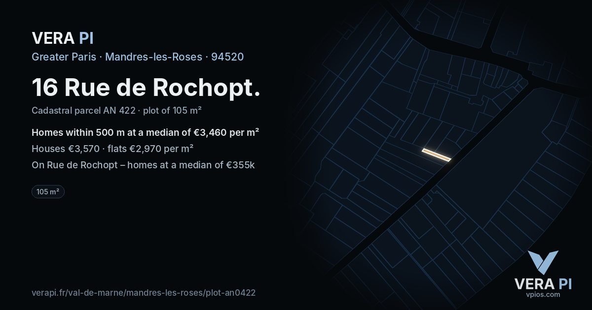 16 Rue de Rochopt, Mandres-les-Roses at night – the plot lit, the parcels around coloured by the prices near them