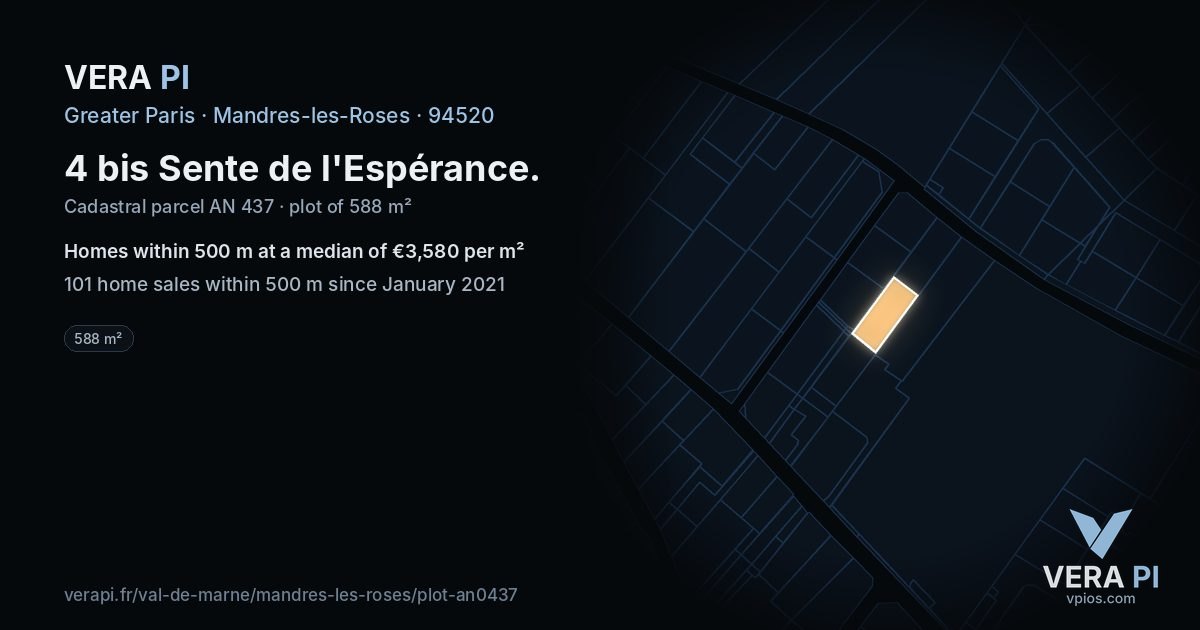 4 bis Sente de l'Espérance, Mandres-les-Roses at night – the plot lit, the parcels around coloured by the prices near them
