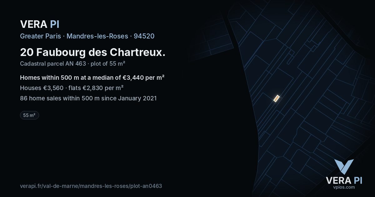 20 Faubourg des Chartreux, Mandres-les-Roses at night – the plot lit, the parcels around coloured by the prices near them