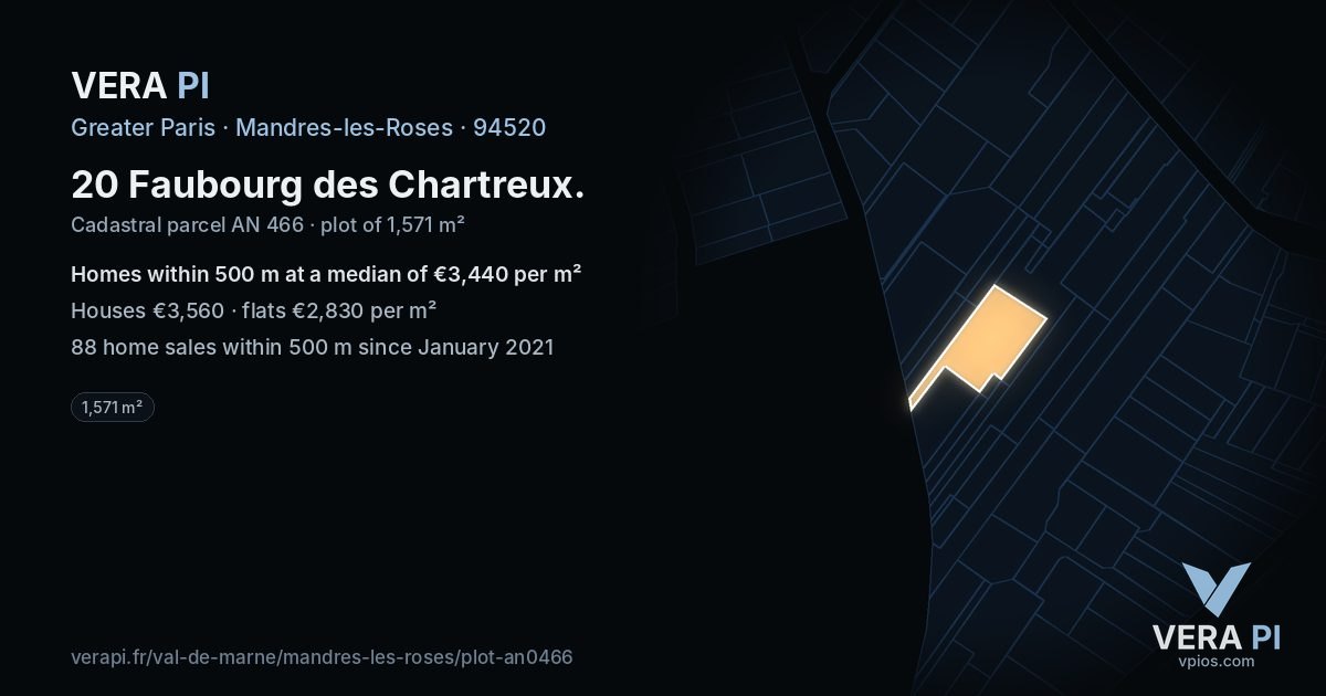 20 Faubourg des Chartreux, Mandres-les-Roses at night – the plot lit, the parcels around coloured by the prices near them