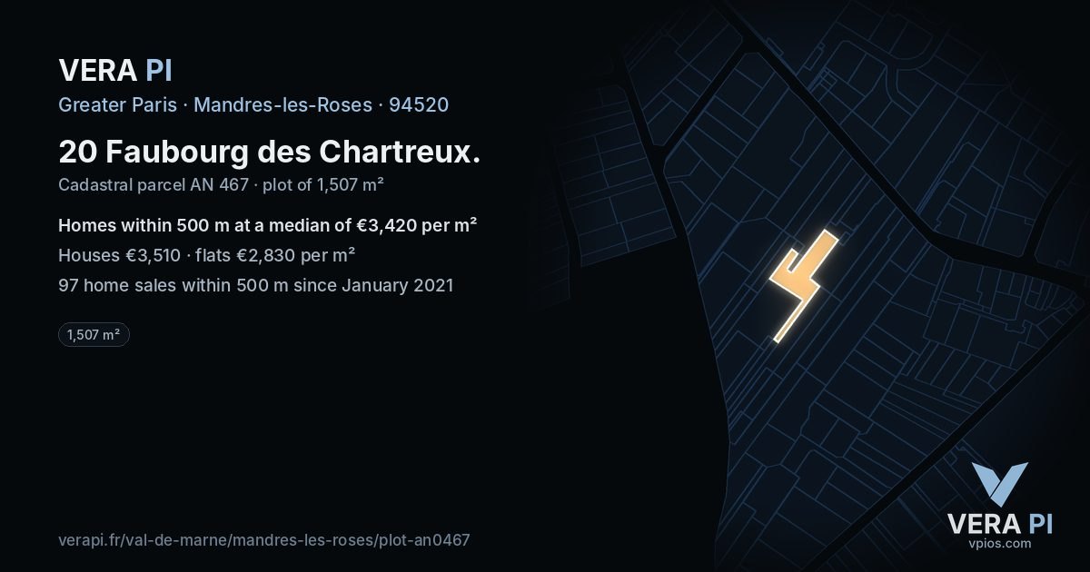 20 Faubourg des Chartreux, Mandres-les-Roses at night – the plot lit, the parcels around coloured by the prices near them