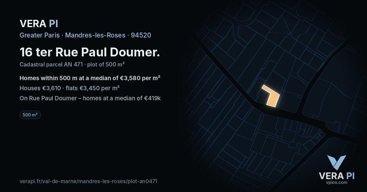 16 ter Rue Paul Doumer, Mandres-les-Roses at night – the plot lit, the parcels around coloured by the prices near them