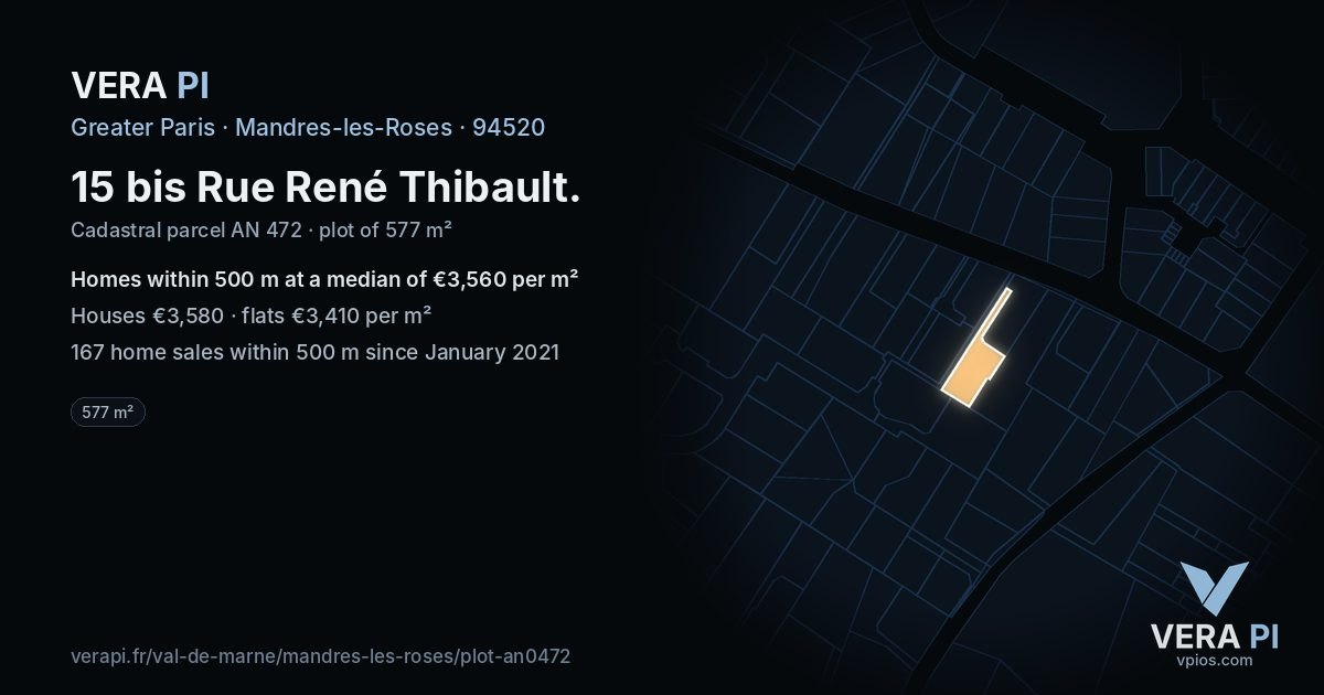15 bis Rue René Thibault, Mandres-les-Roses at night – the plot lit, the parcels around coloured by the prices near them