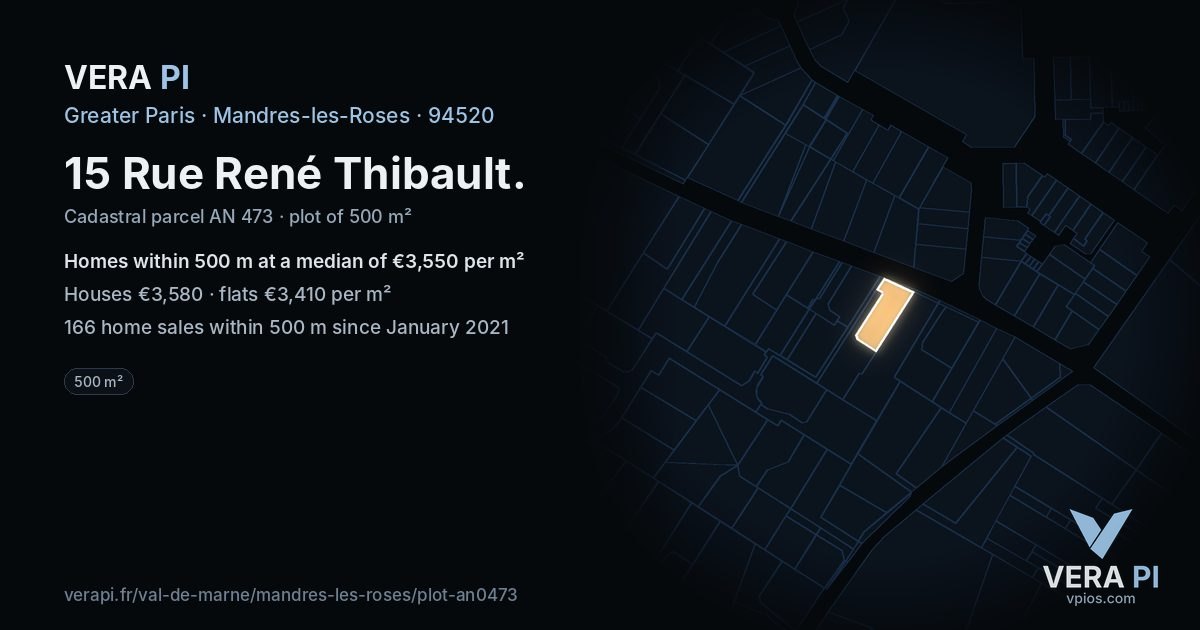 15 Rue René Thibault, Mandres-les-Roses at night – the plot lit, the parcels around coloured by the prices near them