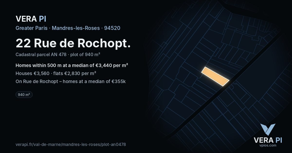 22 Rue de Rochopt, Mandres-les-Roses at night – the plot lit, the parcels around coloured by the prices near them