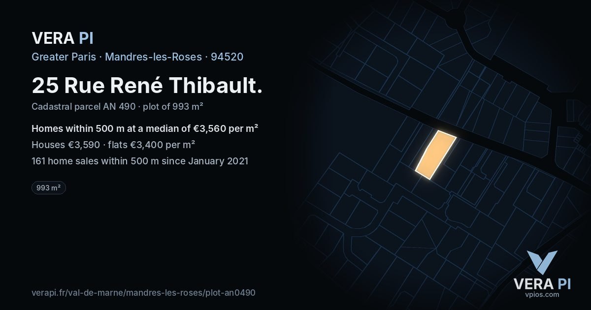 25 Rue René Thibault, Mandres-les-Roses at night – the plot lit, the parcels around coloured by the prices near them