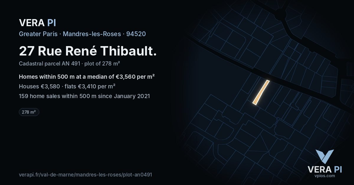 27 Rue René Thibault, Mandres-les-Roses at night – the plot lit, the parcels around coloured by the prices near them