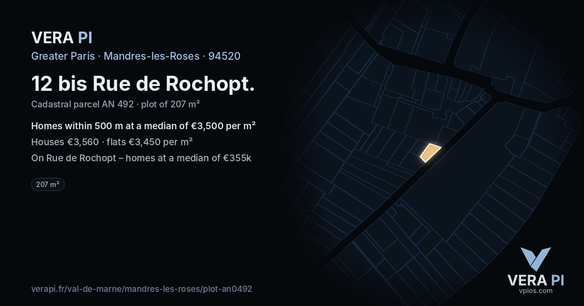 12 bis Rue de Rochopt, Mandres-les-Roses at night – the plot lit, the parcels around coloured by the prices near them