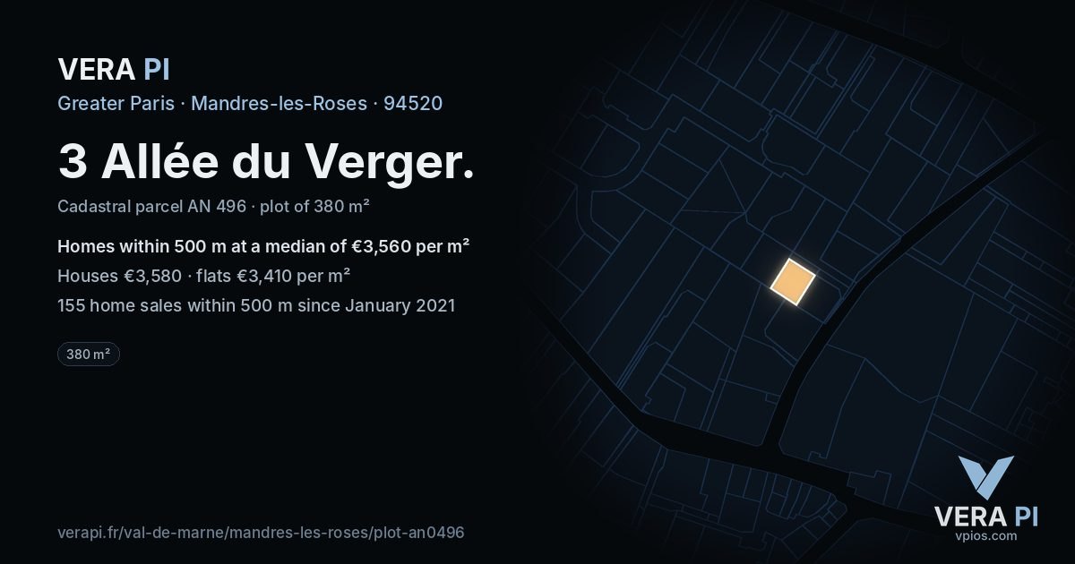 3 Allée du Verger, Mandres-les-Roses at night – the plot lit, the parcels around coloured by the prices near them