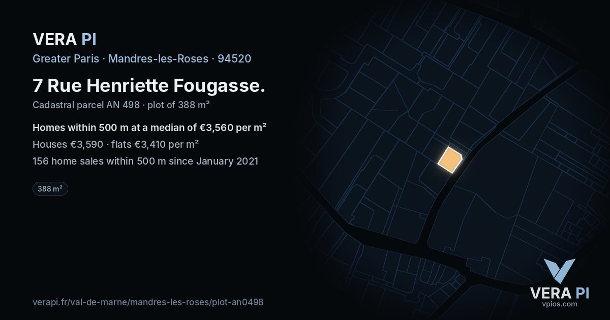 7 Rue Henriette Fougasse, Mandres-les-Roses at night – the plot lit, the parcels around coloured by the prices near them