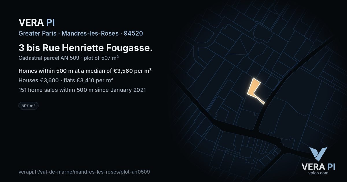 3 bis Rue Henriette Fougasse, Mandres-les-Roses at night – the plot lit, the parcels around coloured by the prices near them