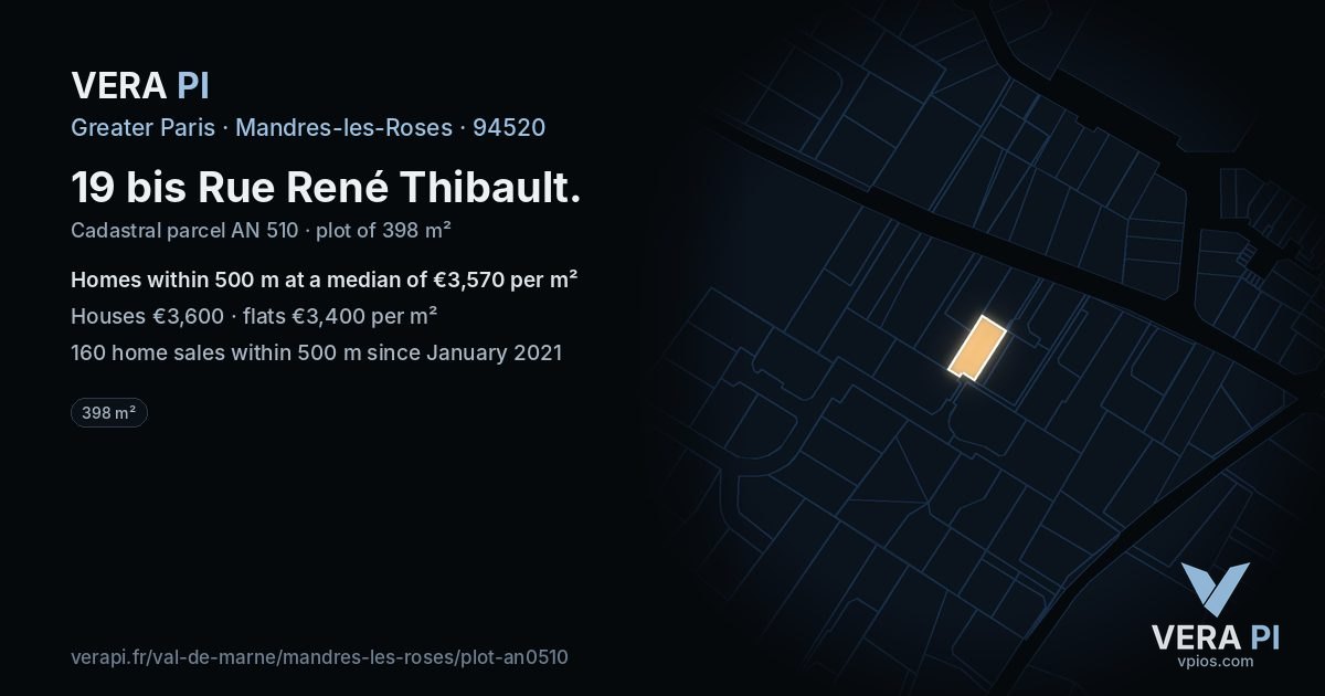 19 bis Rue René Thibault, Mandres-les-Roses at night – the plot lit, the parcels around coloured by the prices near them