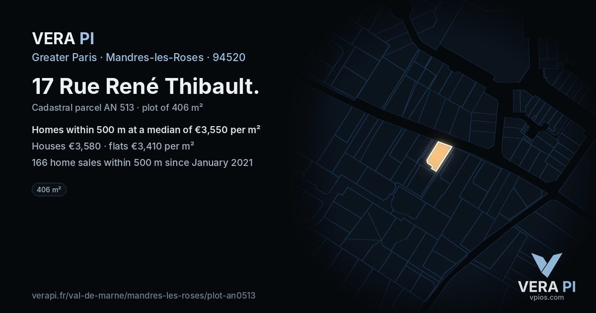 17 Rue René Thibault, Mandres-les-Roses at night – the plot lit, the parcels around coloured by the prices near them