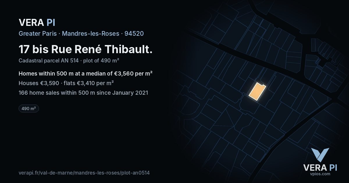 17 bis Rue René Thibault, Mandres-les-Roses at night – the plot lit, the parcels around coloured by the prices near them