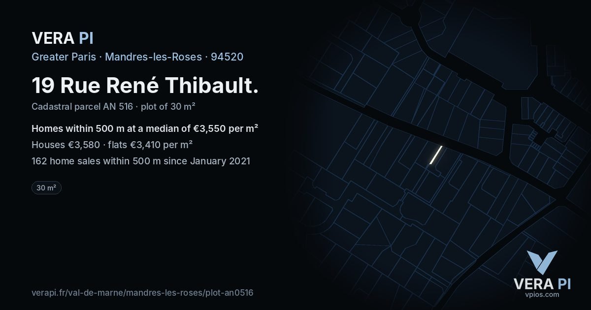19 Rue René Thibault, Mandres-les-Roses at night – the plot lit, the parcels around coloured by the prices near them