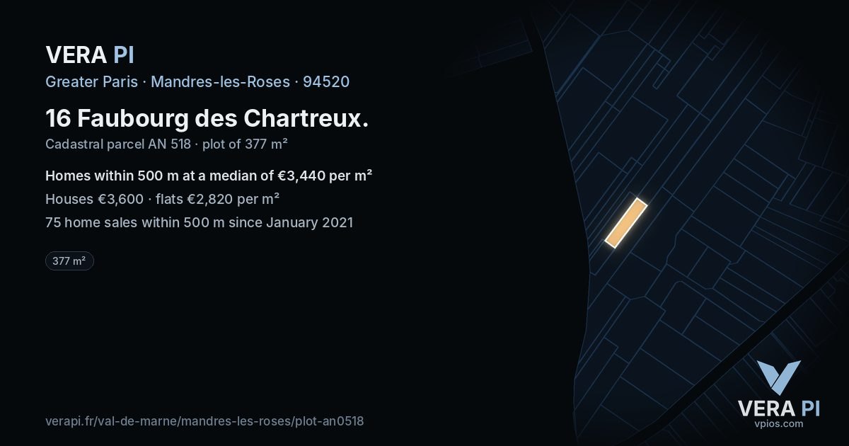16 Faubourg des Chartreux, Mandres-les-Roses at night – the plot lit, the parcels around coloured by the prices near them