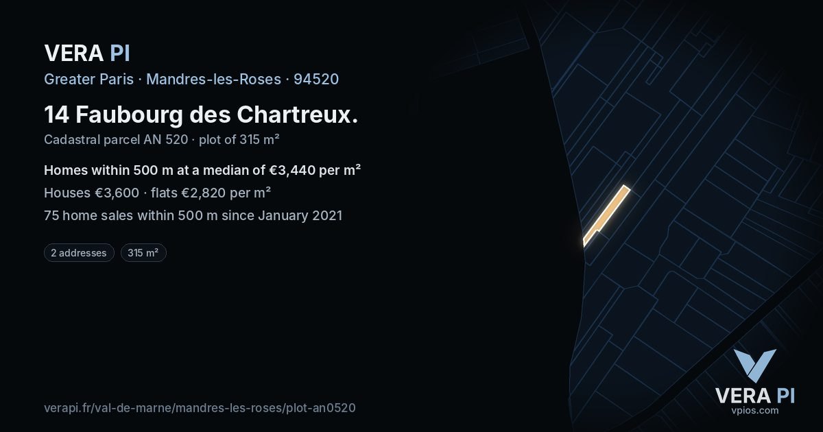 14 Faubourg des Chartreux, Mandres-les-Roses at night – the plot lit, the parcels around coloured by the prices near them