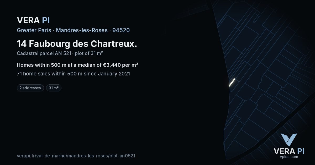14 Faubourg des Chartreux, Mandres-les-Roses at night – the plot lit, the parcels around coloured by the prices near them
