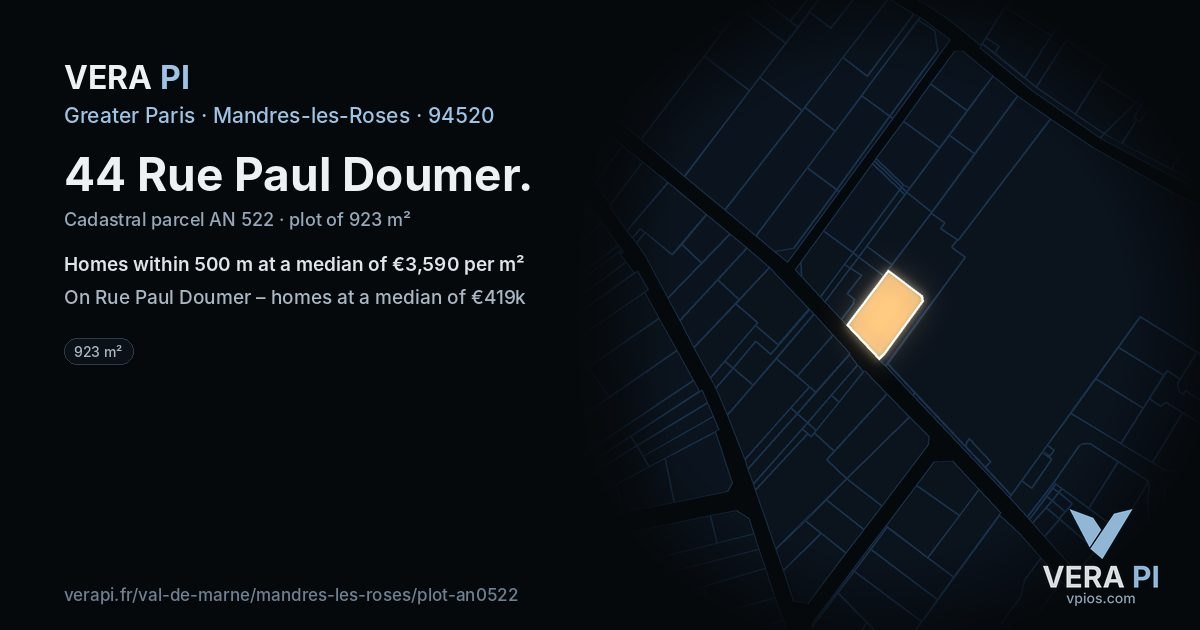 44 Rue Paul Doumer, Mandres-les-Roses at night – the plot lit, the parcels around coloured by the prices near them