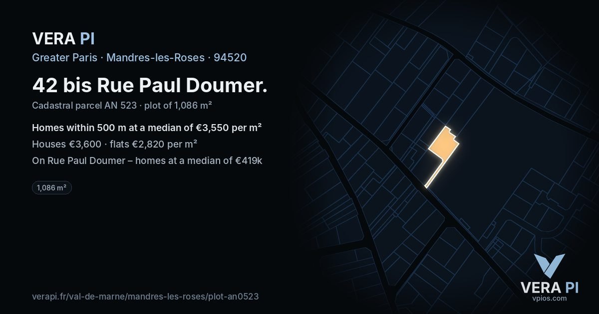 42 bis Rue Paul Doumer, Mandres-les-Roses at night – the plot lit, the parcels around coloured by the prices near them