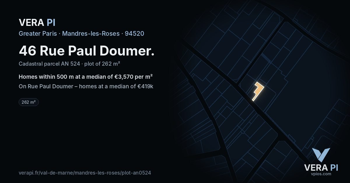 46 Rue Paul Doumer, Mandres-les-Roses at night – the plot lit, the parcels around coloured by the prices near them