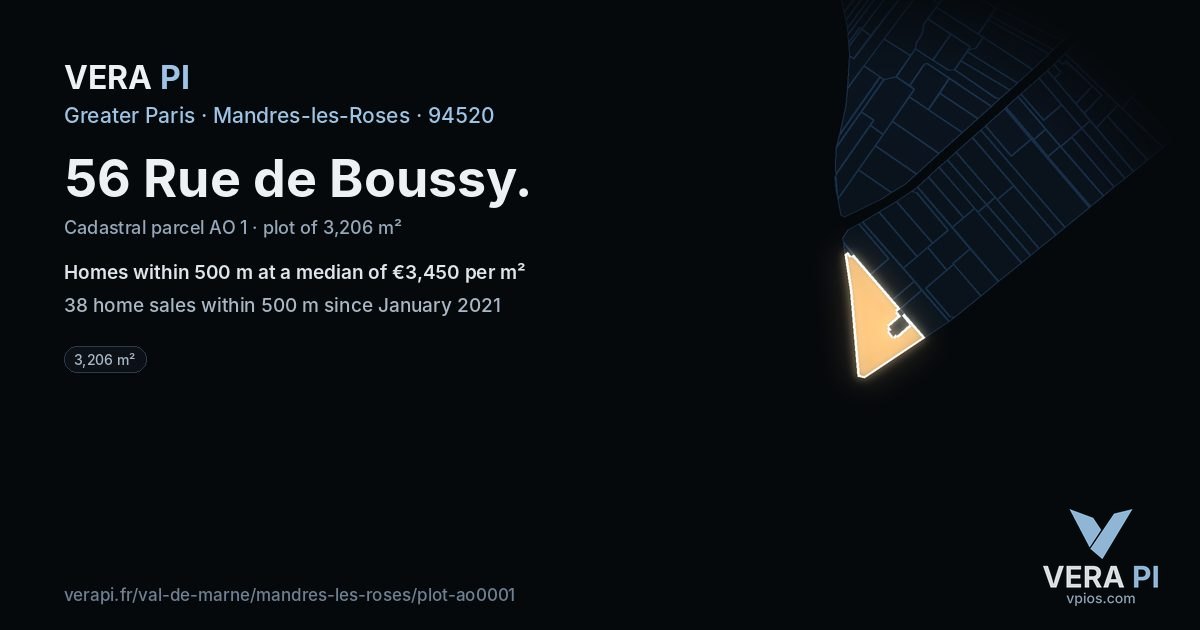 56 Rue de Boussy, Mandres-les-Roses at night – the plot lit, the parcels around coloured by the prices near them