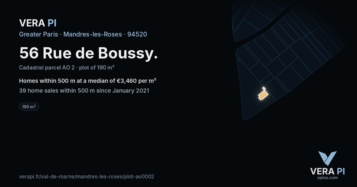 56 Rue de Boussy, Mandres-les-Roses at night – the plot lit, the parcels around coloured by the prices near them