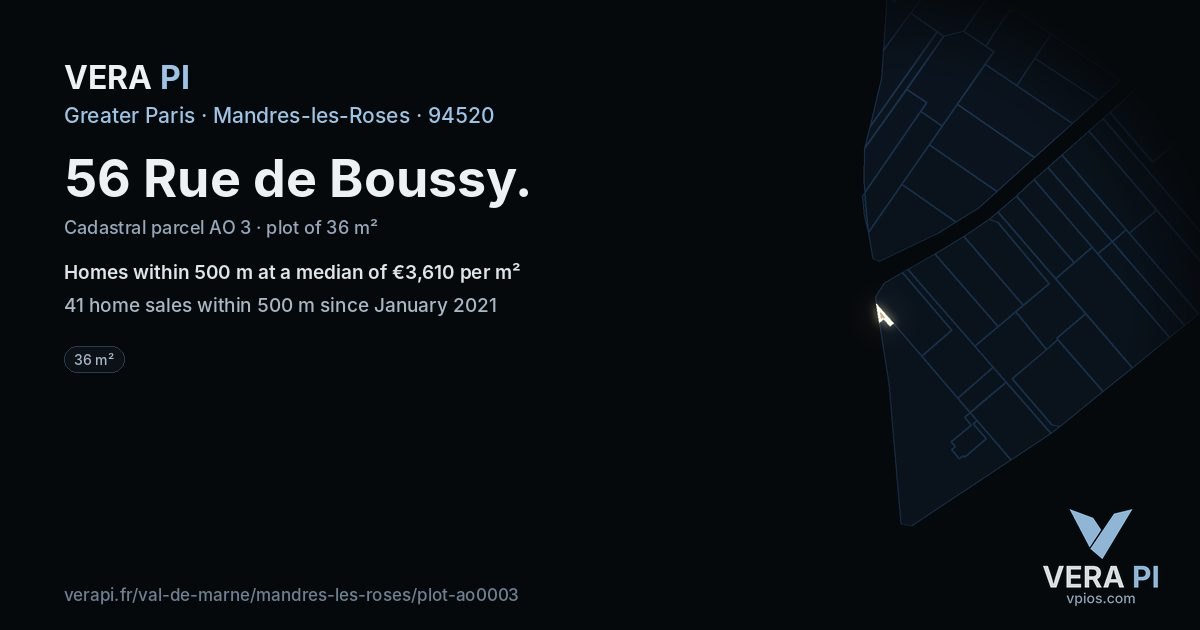 56 Rue de Boussy, Mandres-les-Roses at night – the plot lit, the parcels around coloured by the prices near them