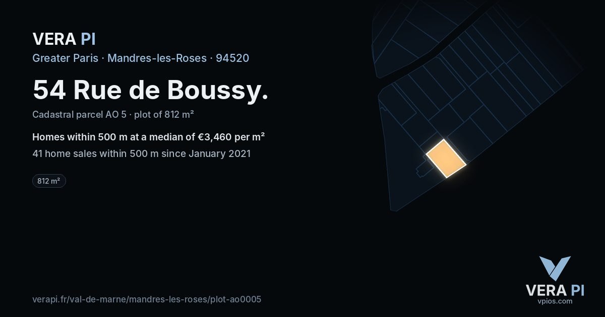 54 Rue de Boussy, Mandres-les-Roses at night – the plot lit, the parcels around coloured by the prices near them