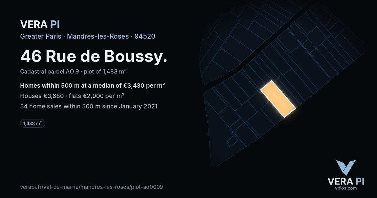 46 Rue de Boussy, Mandres-les-Roses at night – the plot lit, the parcels around coloured by the prices near them