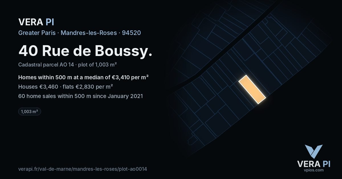 40 Rue de Boussy, Mandres-les-Roses at night – the plot lit, the parcels around coloured by the prices near them