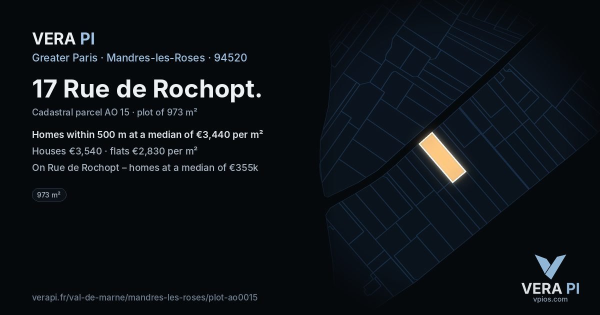 17 Rue de Rochopt, Mandres-les-Roses at night – the plot lit, the parcels around coloured by the prices near them