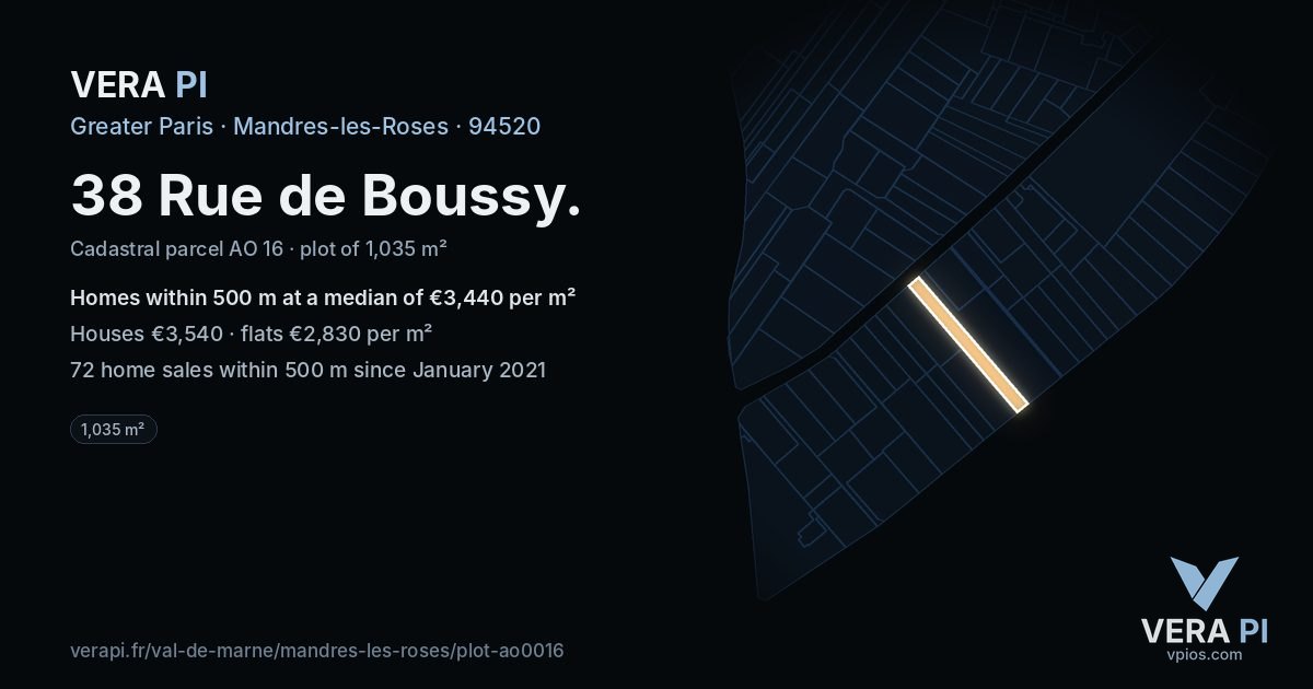 38 Rue de Boussy, Mandres-les-Roses at night – the plot lit, the parcels around coloured by the prices near them