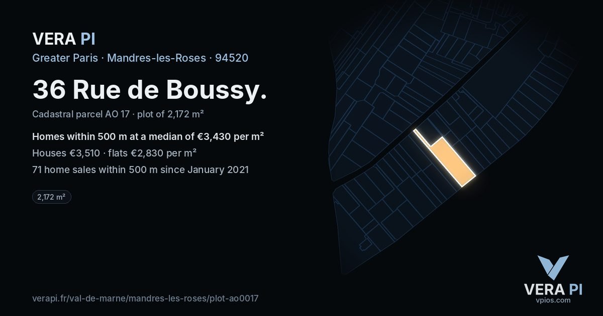 36 Rue de Boussy, Mandres-les-Roses at night – the plot lit, the parcels around coloured by the prices near them