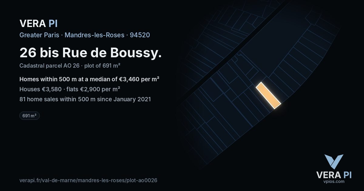 26 bis Rue de Boussy, Mandres-les-Roses at night – the plot lit, the parcels around coloured by the prices near them