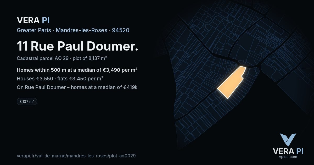 11 Rue Paul Doumer, Mandres-les-Roses at night – the plot lit, the parcels around coloured by the prices near them