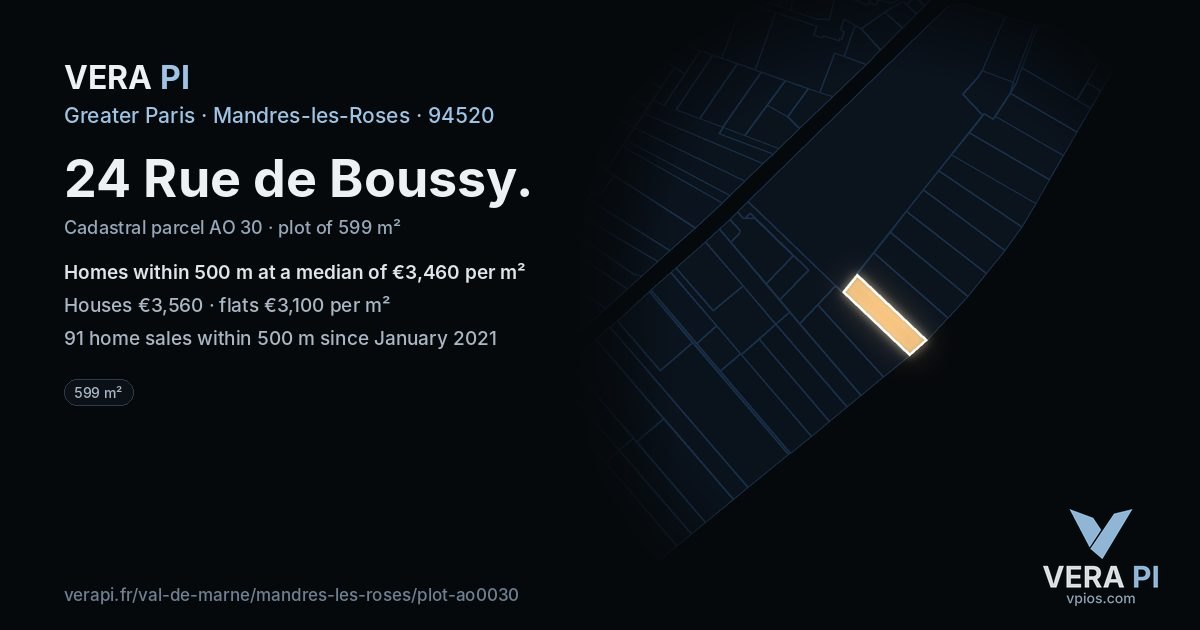 24 Rue de Boussy, Mandres-les-Roses at night – the plot lit, the parcels around coloured by the prices near them