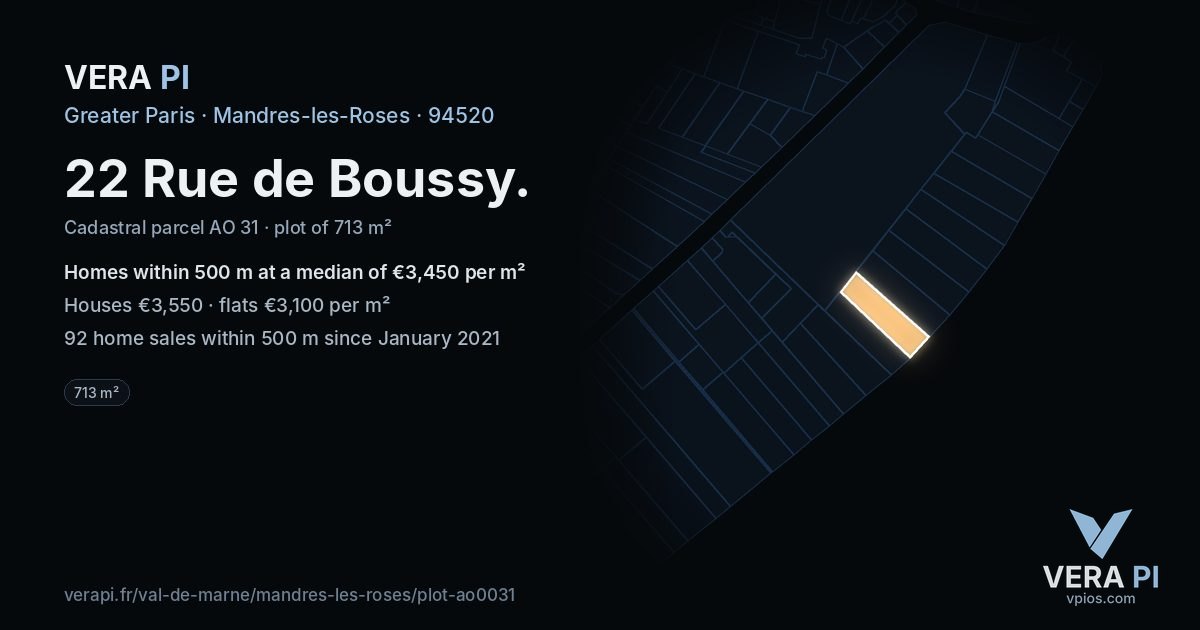 22 Rue de Boussy, Mandres-les-Roses at night – the plot lit, the parcels around coloured by the prices near them