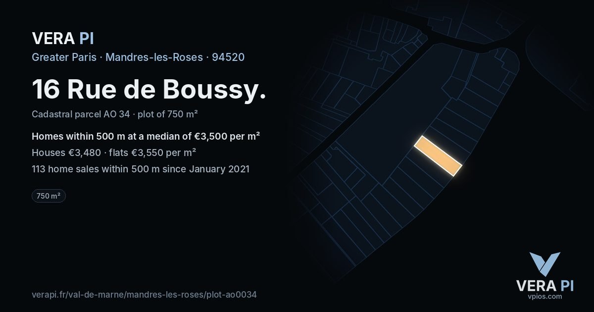 16 Rue de Boussy, Mandres-les-Roses at night – the plot lit, the parcels around coloured by the prices near them