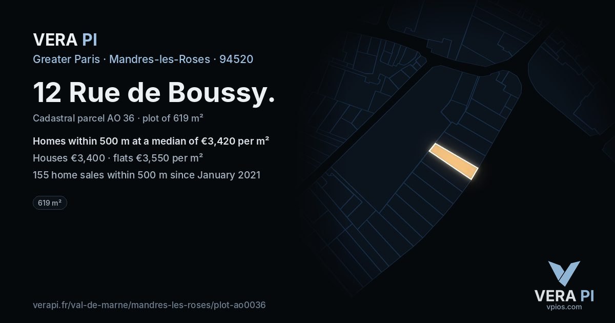 12 Rue de Boussy, Mandres-les-Roses at night – the plot lit, the parcels around coloured by the prices near them