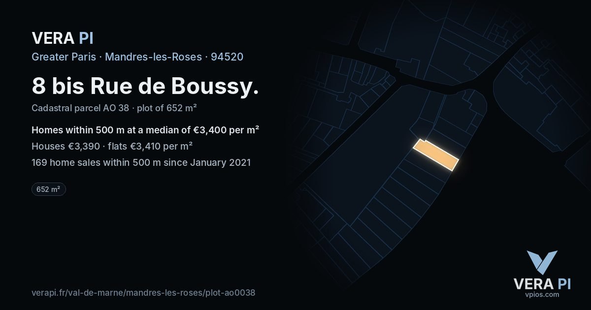 8 bis Rue de Boussy, Mandres-les-Roses at night – the plot lit, the parcels around coloured by the prices near them