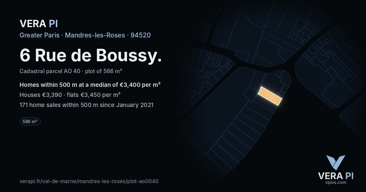 6 Rue de Boussy, Mandres-les-Roses at night – the plot lit, the parcels around coloured by the prices near them