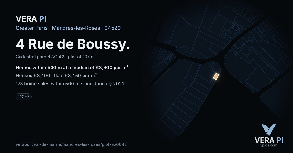 4 Rue de Boussy, Mandres-les-Roses at night – the plot lit, the parcels around coloured by the prices near them